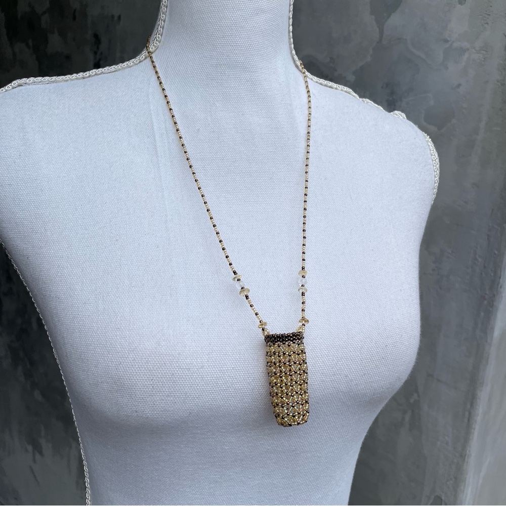 Vintage Handmade Beaded Lipstick Holder Basket Necklace